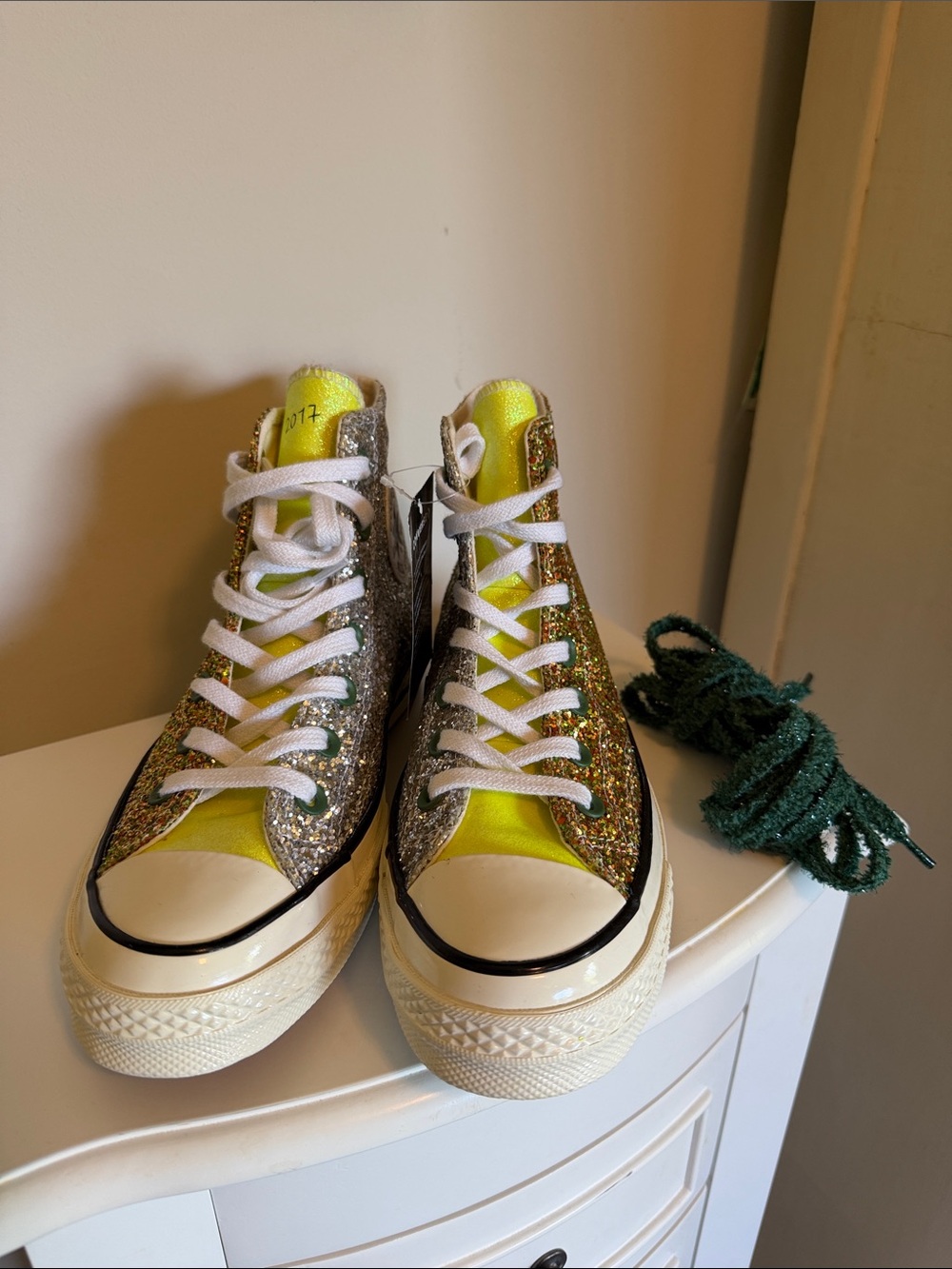Converse High-Top Sneakers in Yellow and Silver Glitter 2017